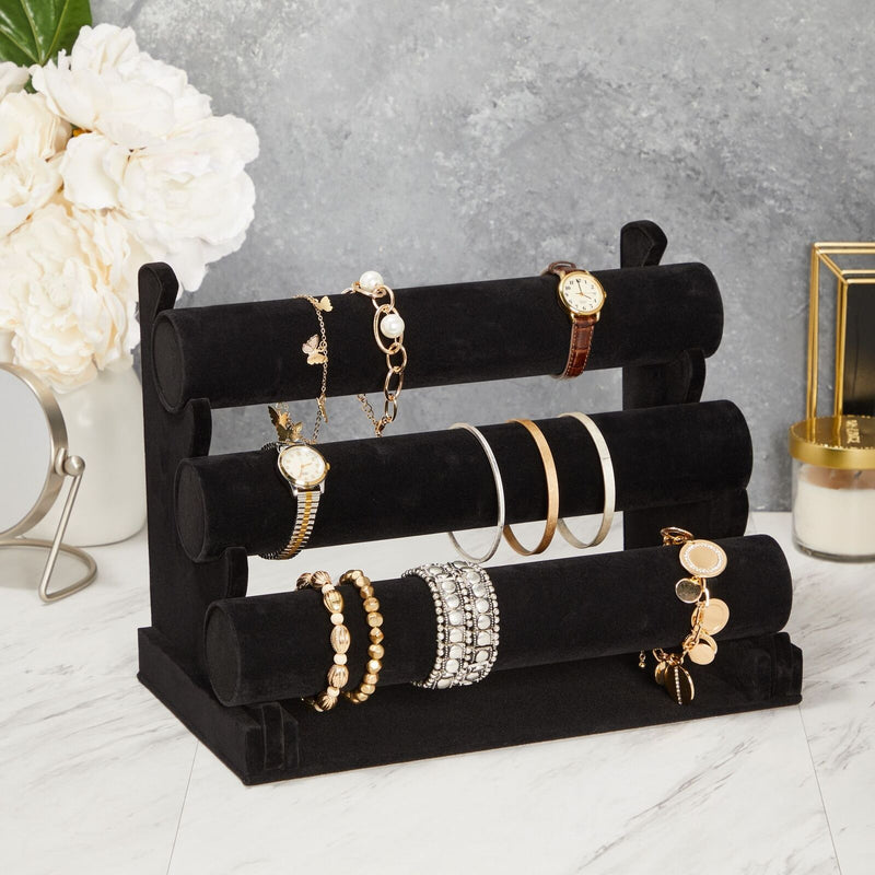 3-Tier Velvet Bracelet Holder Stand and Organizer - Jewelry Display Rack (Black)