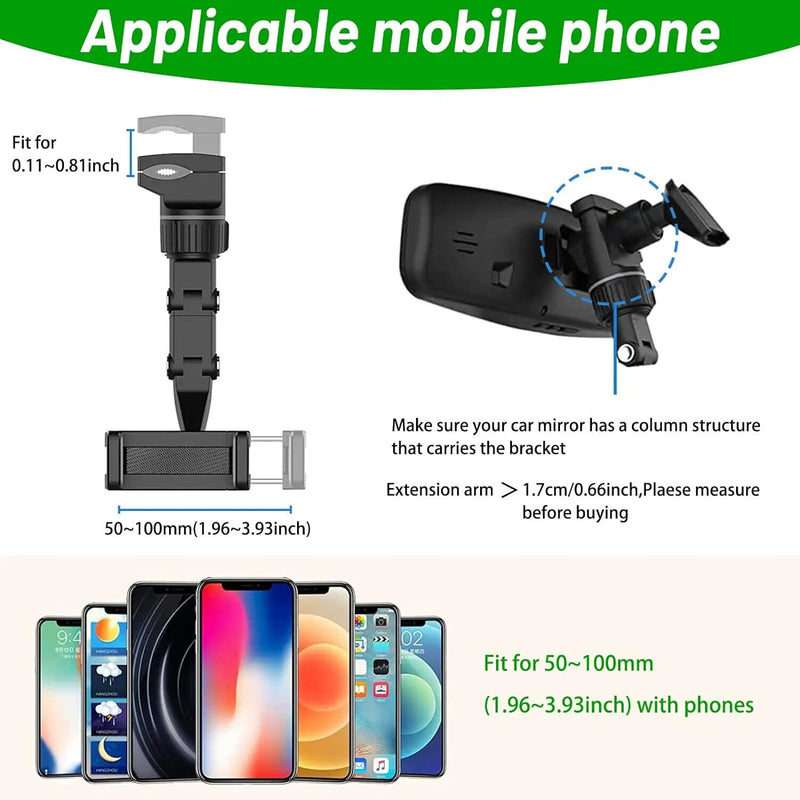 360° Car Phone Holder Rotatable and Retractable Rearview Mirror Universal Mount