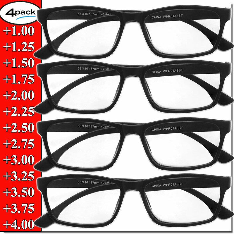 Reading Glasses +2.50 Strength Mens Womens Unisex Readers 4 PACK Square Frame New Style Quality 