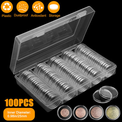 100 Pcs 25Mm Coin Storage Box Clear round Capsules Holder for US Quarter Dollar
