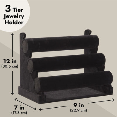 3-Tier Velvet Bracelet Holder Stand and Organizer - Jewelry Display Rack (Black)
