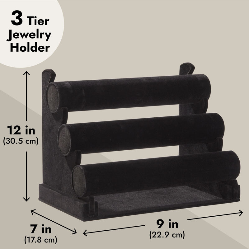 3-Tier Velvet Bracelet Holder Stand and Organizer - Jewelry Display Rack (Black)