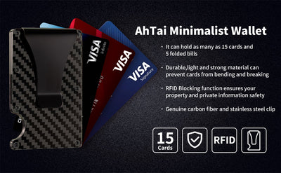 Men's Card Holder RFID Blocking Slim Money Clip Wallet Thin Carbon Fiber with Metal Clip