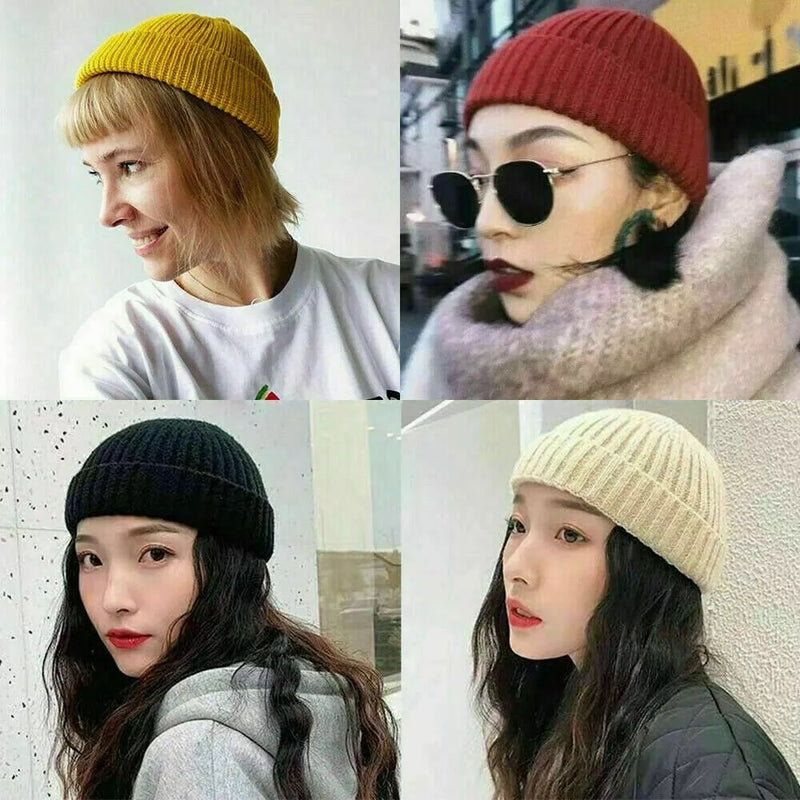 Cuff Beanie Knit Hat Cap Slouchy Skull Ski Men Women Plain Winter Warm Hats Black