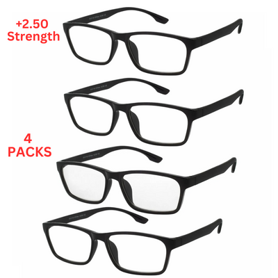 Reading Glasses +2.50 Strength Mens Womens Unisex Readers 4 PACK Square Frame New Style Quality 