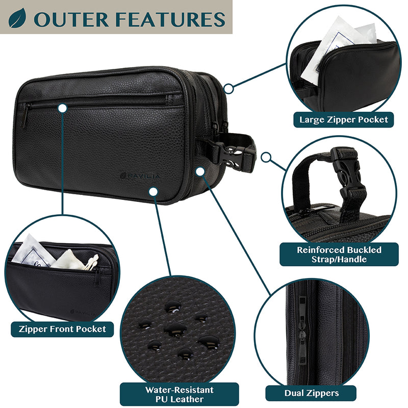 Mens Toiletry Bag with Zipper PU Leather Case Organizer Portable Travel Dopp Kit