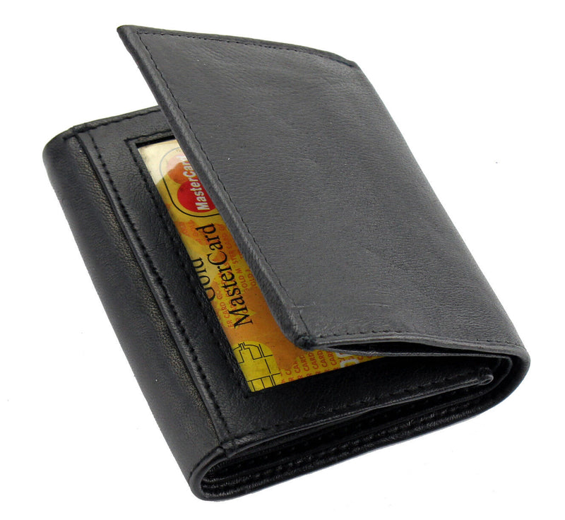 Mens Black Genuine Leather Trifold Wallet ID Window Credit Card Case Holder