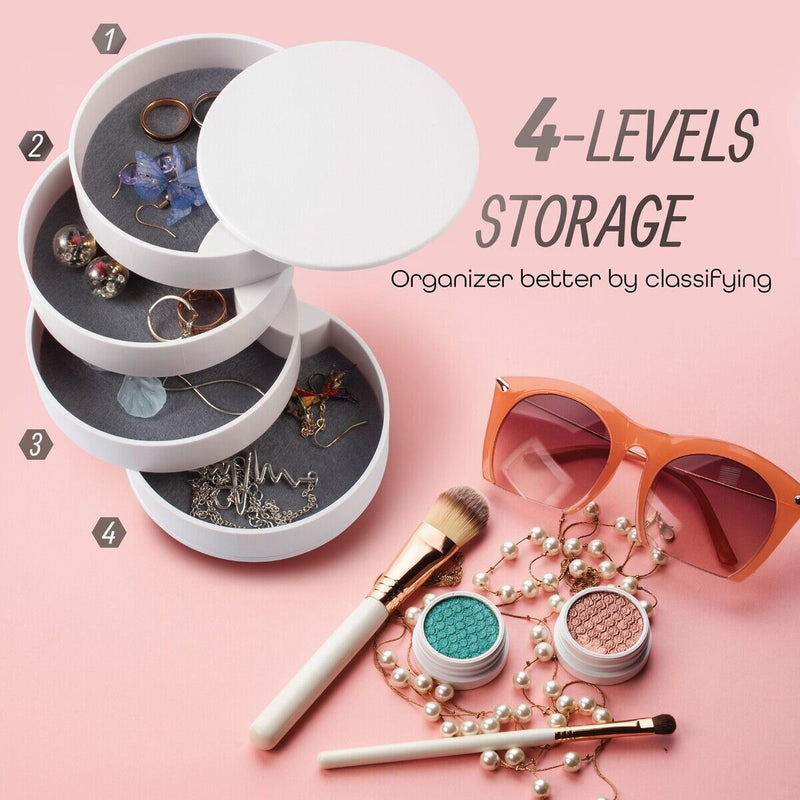 Jewelry Organizer 4 Layer Rotatable Small Storage Box Earring Holder Tray, White