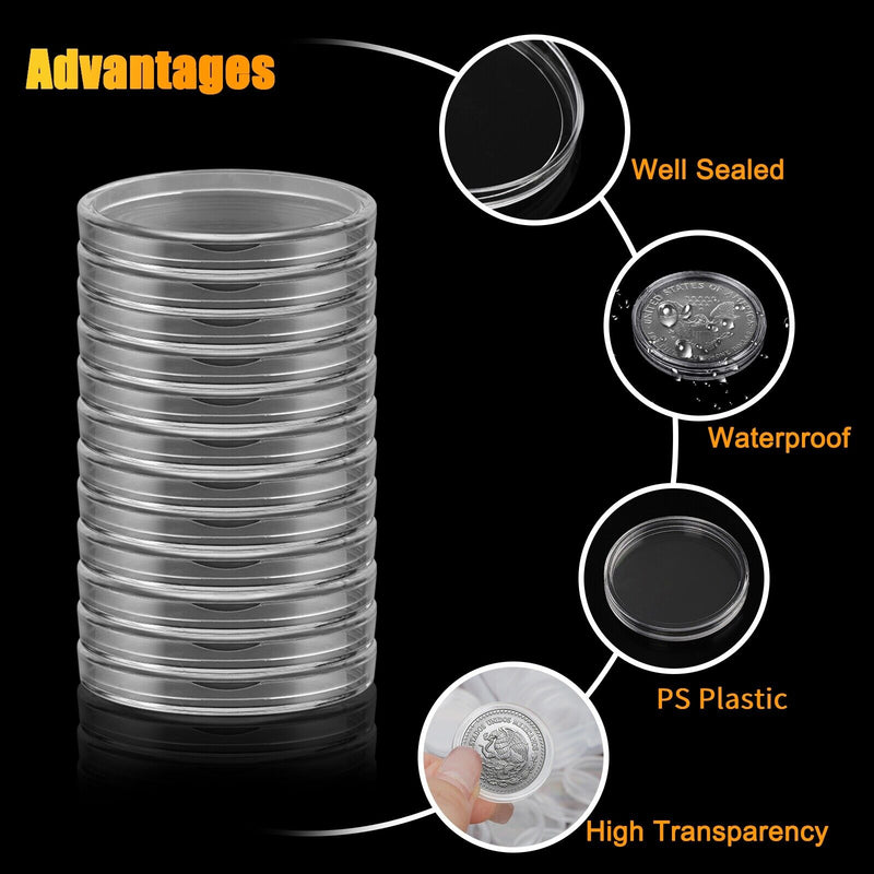 100 Pcs 25Mm Coin Storage Box Clear round Capsules Holder for US Quarter Dollar