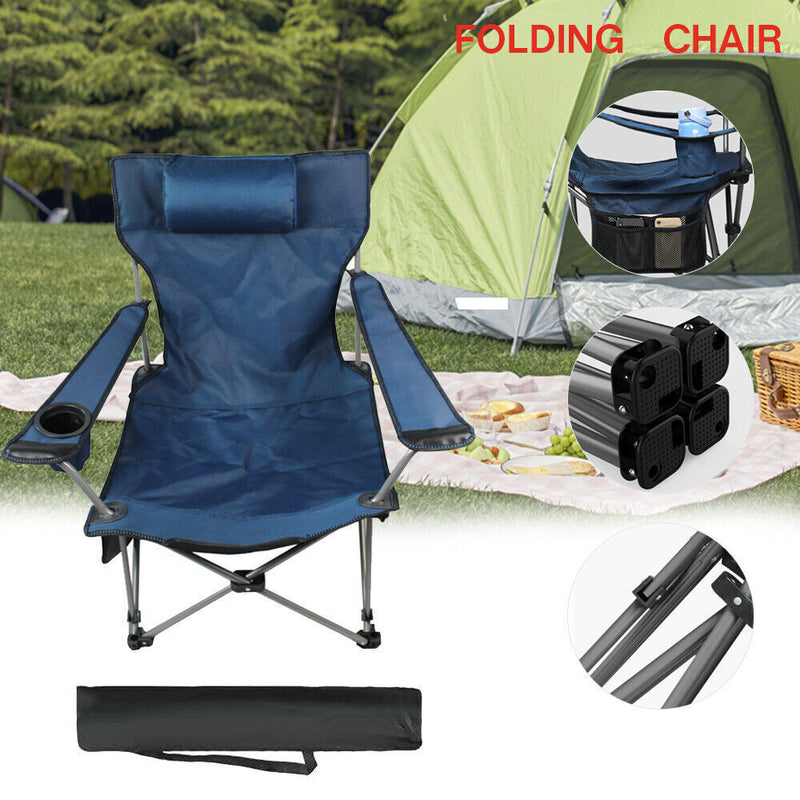 Oversized Camping Chair Outdoor Heavy Duty Folding Chair W/ Cup Holder & Pillow