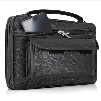 Bible Cover Black Leather Large Holy Good Book Case Cross Zipper Pockets Holder