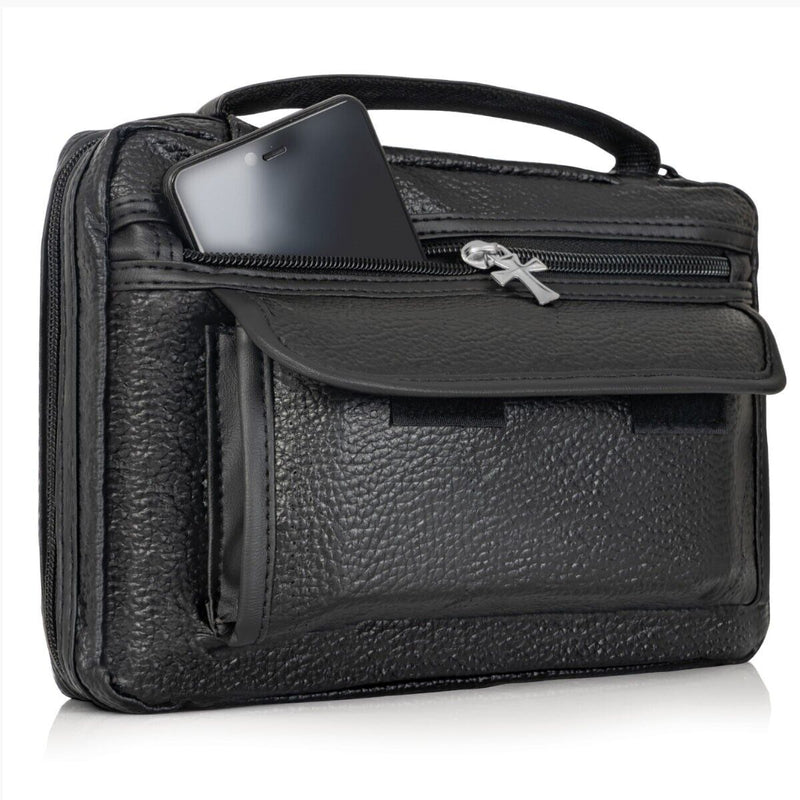 Bible Cover Black Leather Large Holy Good Book Case Cross Zipper Pockets Holder
