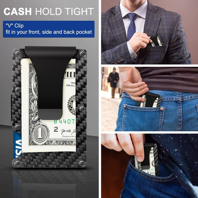 Men's Card Holder RFID Blocking Slim Money Clip Wallet Thin Carbon Fiber with Metal Clip