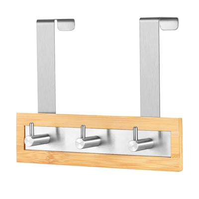 Over the Door Bamboo Wooden Hanger - Stainless Steel 3 Angled Metal Clothes Hook