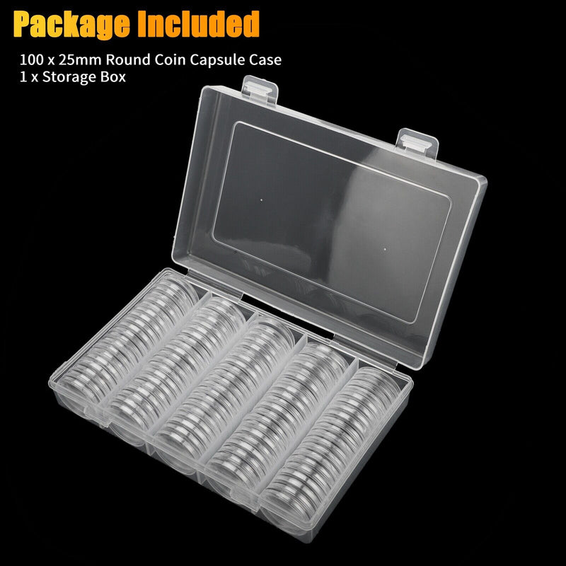100 Pcs 25Mm Coin Storage Box Clear round Capsules Holder for US Quarter Dollar