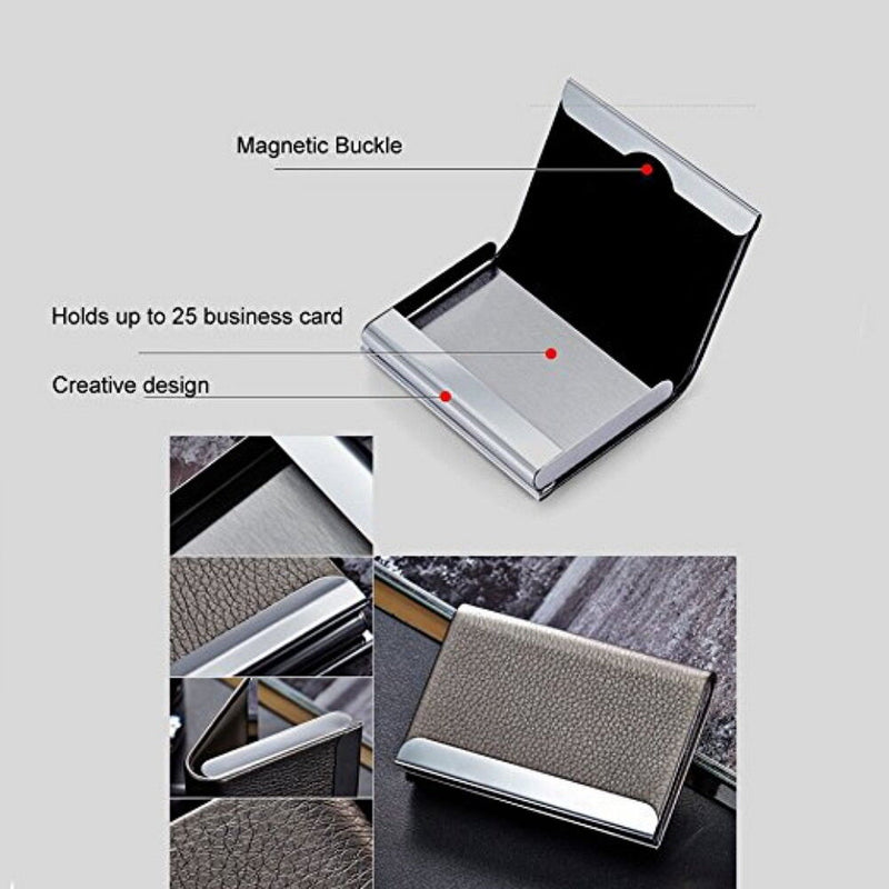 PU Leather Metal Business Card Holder - Sleek Pocket ID Credit Card Case Wallet