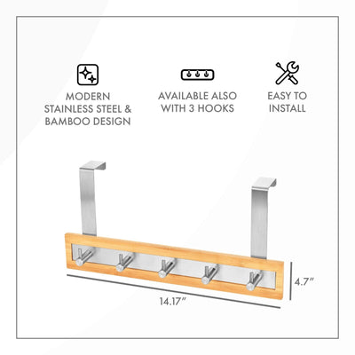 Over the Door Bamboo Wooden Hanger 5 Stainless Steel Hooks Bathroom Clothes Rack