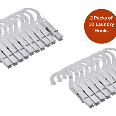 Laundry Hooks Clips Clothespin Hangers Plastic White 10 Count, 2-Pack