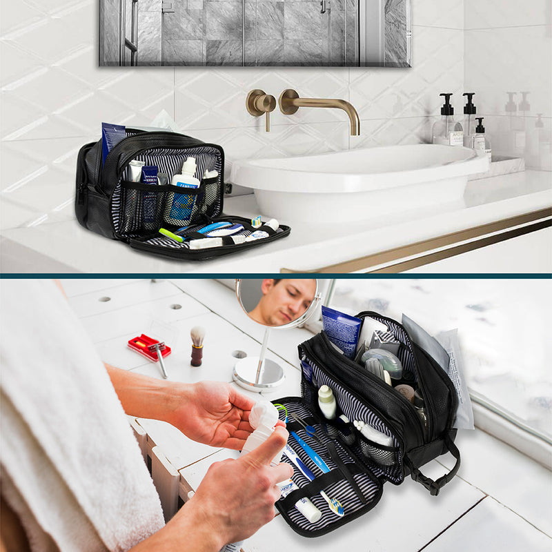 Mens Toiletry Bag with Zipper PU Leather Case Organizer Portable Travel Dopp Kit