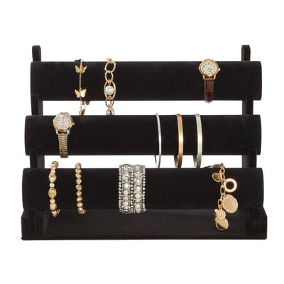 3-Tier Velvet Bracelet Holder Stand and Organizer - Jewelry Display Rack (Black)