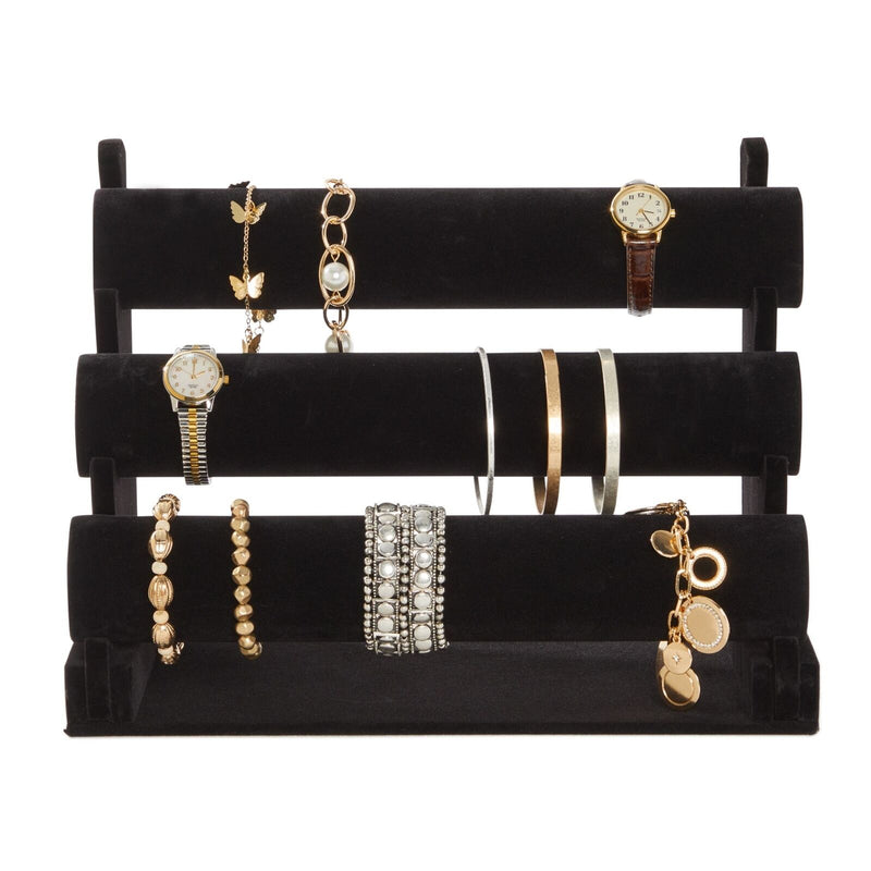 3-Tier Velvet Bracelet Holder Stand and Organizer - Jewelry Display Rack (Black)