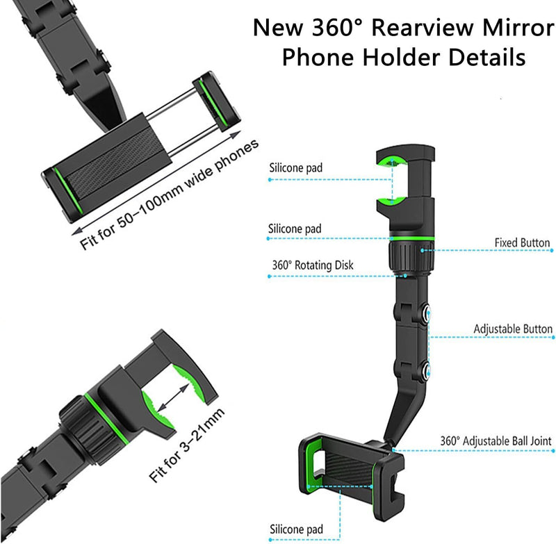 360° Car Phone Holder Rotatable and Retractable Rearview Mirror Universal Mount