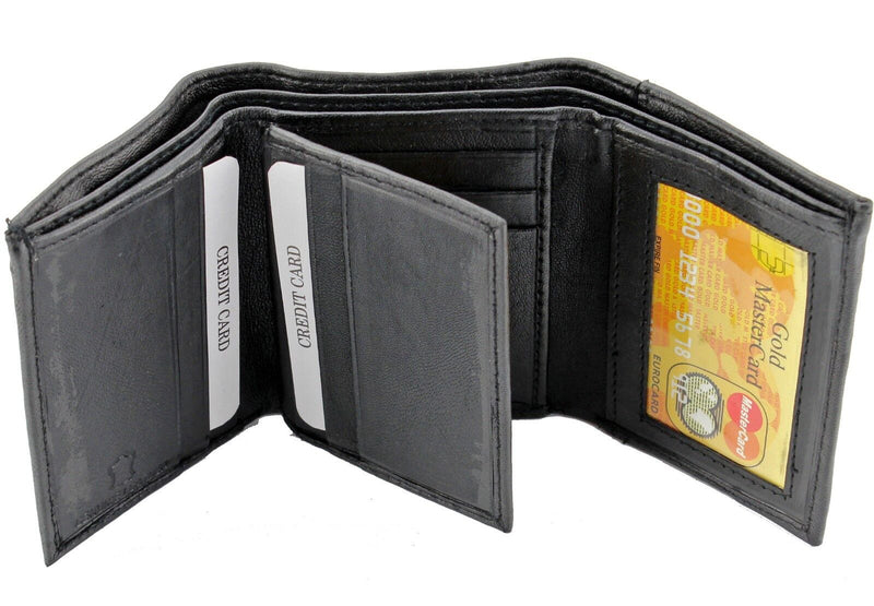 Mens Black Genuine Leather Trifold Wallet ID Window Credit Card Case Holder