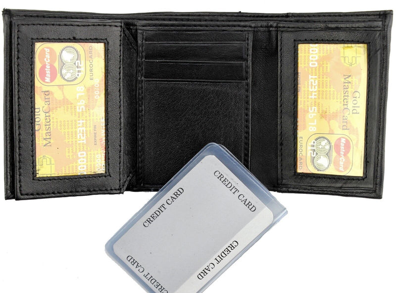Mens Black Genuine Leather Trifold Wallet ID Window Credit Card Case Holder