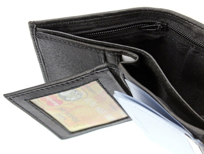Mens Black Genuine Leather Trifold Wallet ID Window Credit Card Case Holder