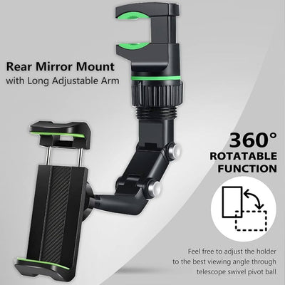 360° Car Phone Holder Rotatable and Retractable Rearview Mirror Universal Mount