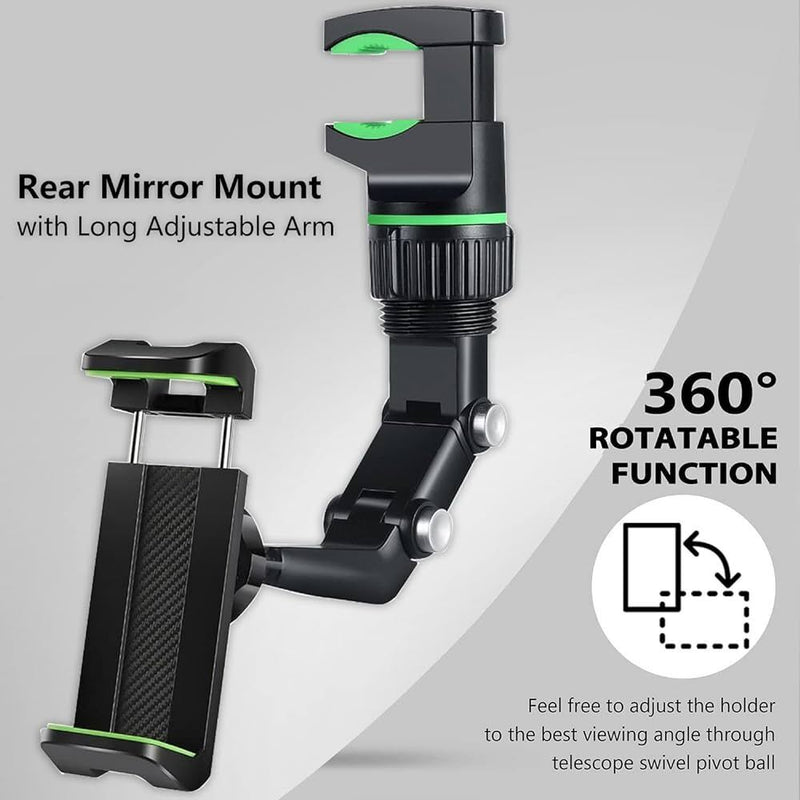360° Car Phone Holder Rotatable and Retractable Rearview Mirror Universal Mount