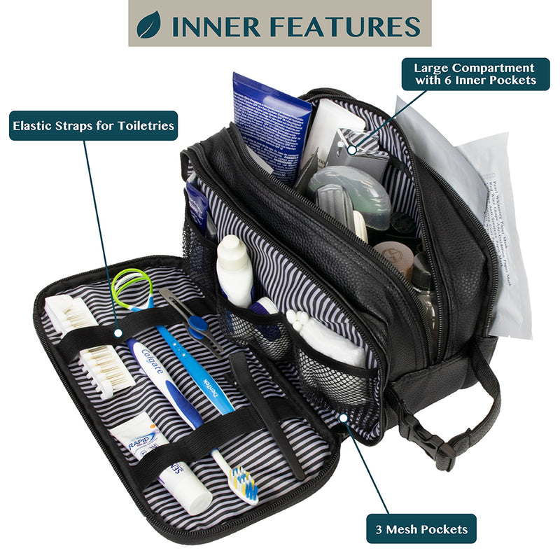 Mens Toiletry Bag with Zipper PU Leather Case Organizer Portable Travel Dopp Kit