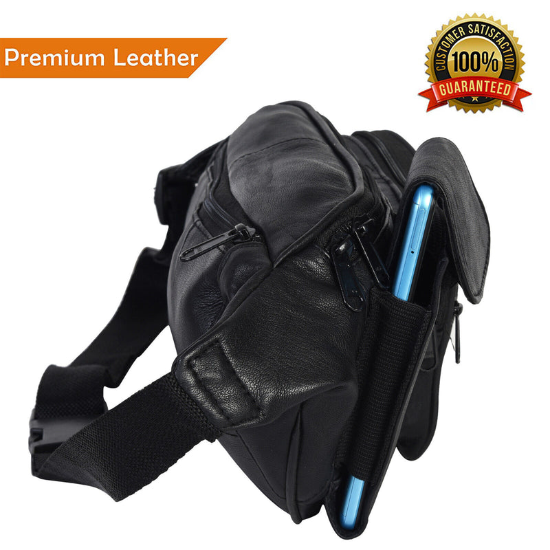 New Black Pure Leather Fanny Pack Waist Bag Adjustable Travel Pouch Cell Phone