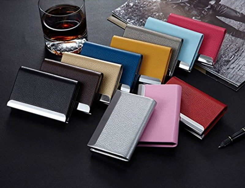 PU Leather Metal Business Card Holder - Sleek Pocket ID Credit Card Case Wallet
