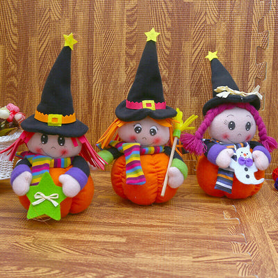 3PCS Cute Witch Doll Toys Pumpkin Table Halloween Decoration Plush Stuffed Doll