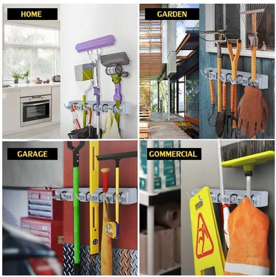 Broom Holder and Garden Tool Garage Organizer 5 Slots 6 Hooks for Rake Mop Wall