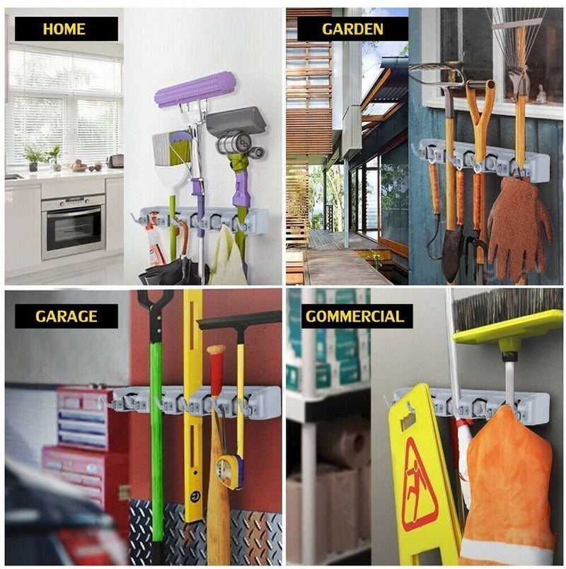 Broom Holder and Garden Tool Garage Organizer 5 Slots 6 Hooks for Rake Mop Wall