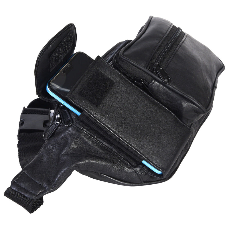 New Black Pure Leather Fanny Pack Waist Bag Adjustable Travel Pouch Cell Phone