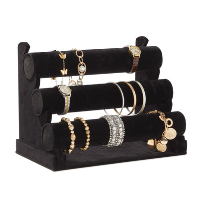 3-Tier Velvet Bracelet Holder Stand and Organizer - Jewelry Display Rack (Black)