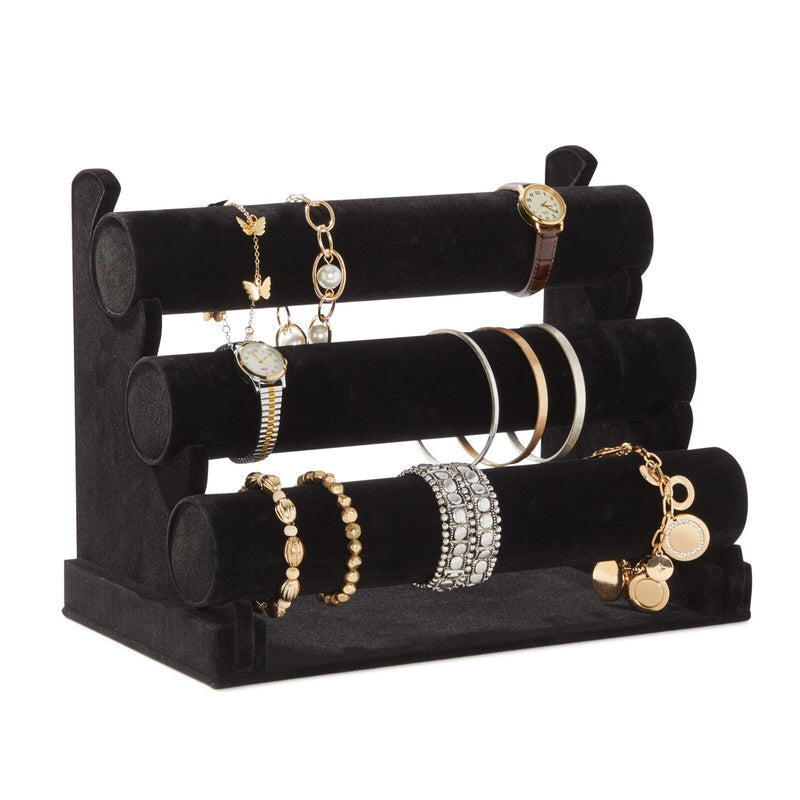 3-Tier Velvet Bracelet Holder Stand and Organizer - Jewelry Display Rack (Black)