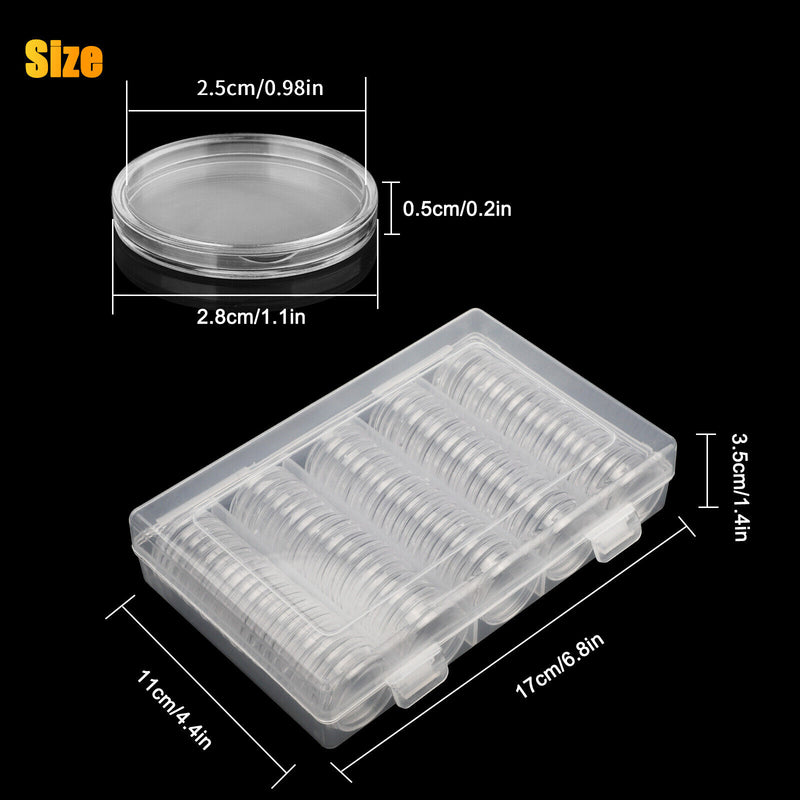 100 Pcs 25Mm Coin Storage Box Clear round Capsules Holder for US Quarter Dollar