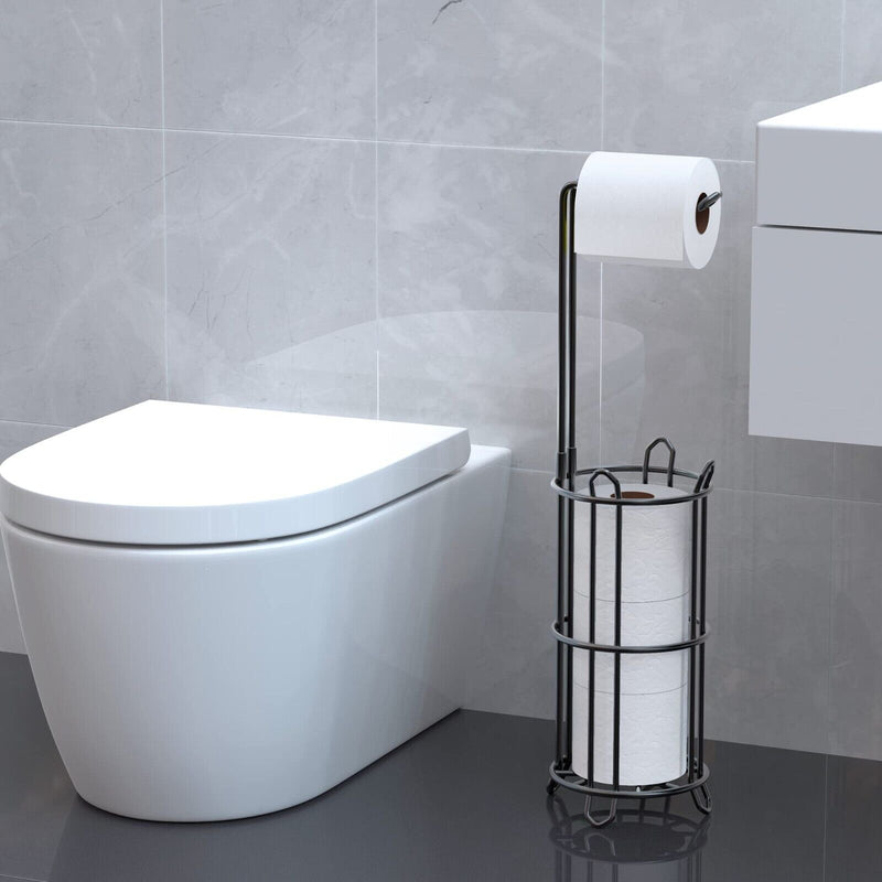 Freestanding Bathroom Toilet Paper Holder Stand & Dispenser Storage Black