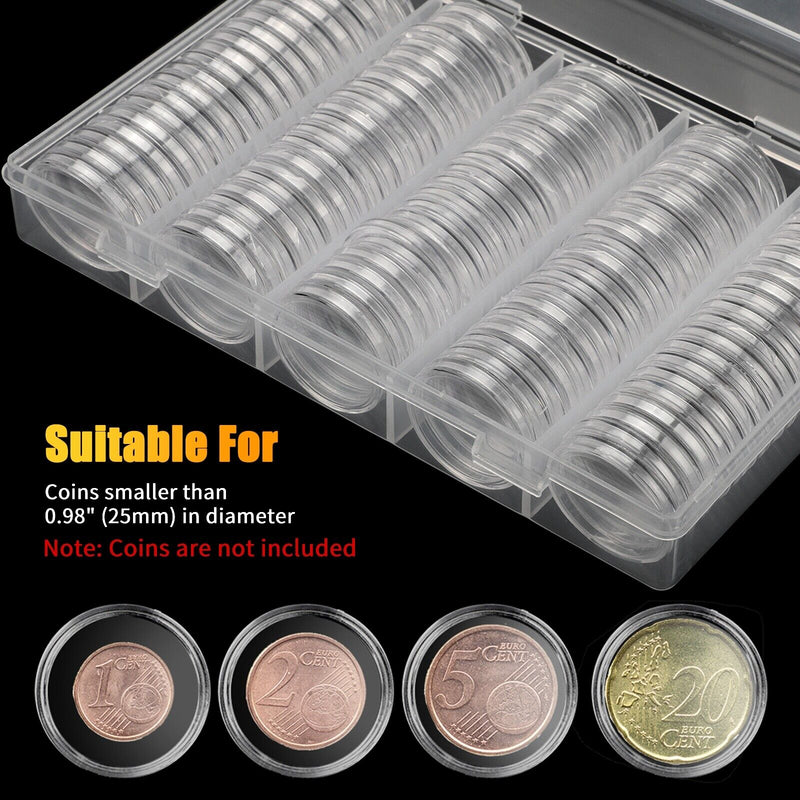 100 Pcs 25Mm Coin Storage Box Clear round Capsules Holder for US Quarter Dollar