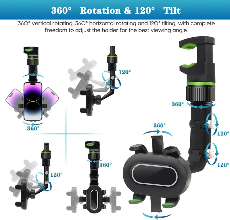360° Car Phone Holder Rotatable and Retractable Rearview Mirror Universal Mount