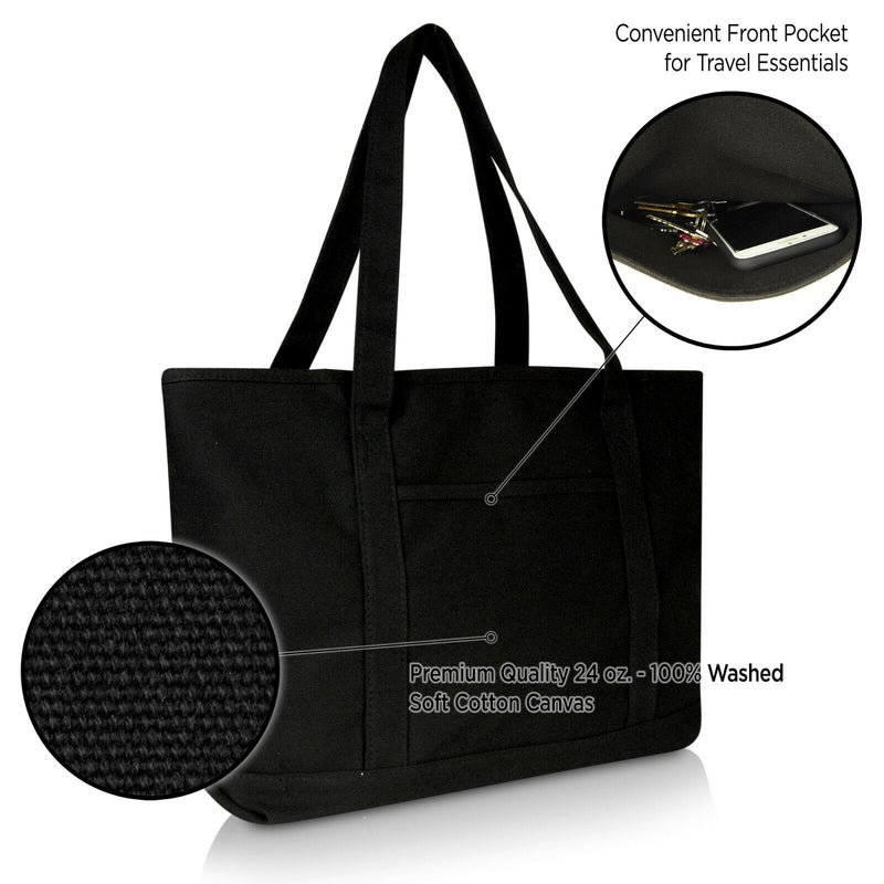 Womens 23" Deluxe 24 Oz. Cotton Canvas Tote Bag Zippered in Black