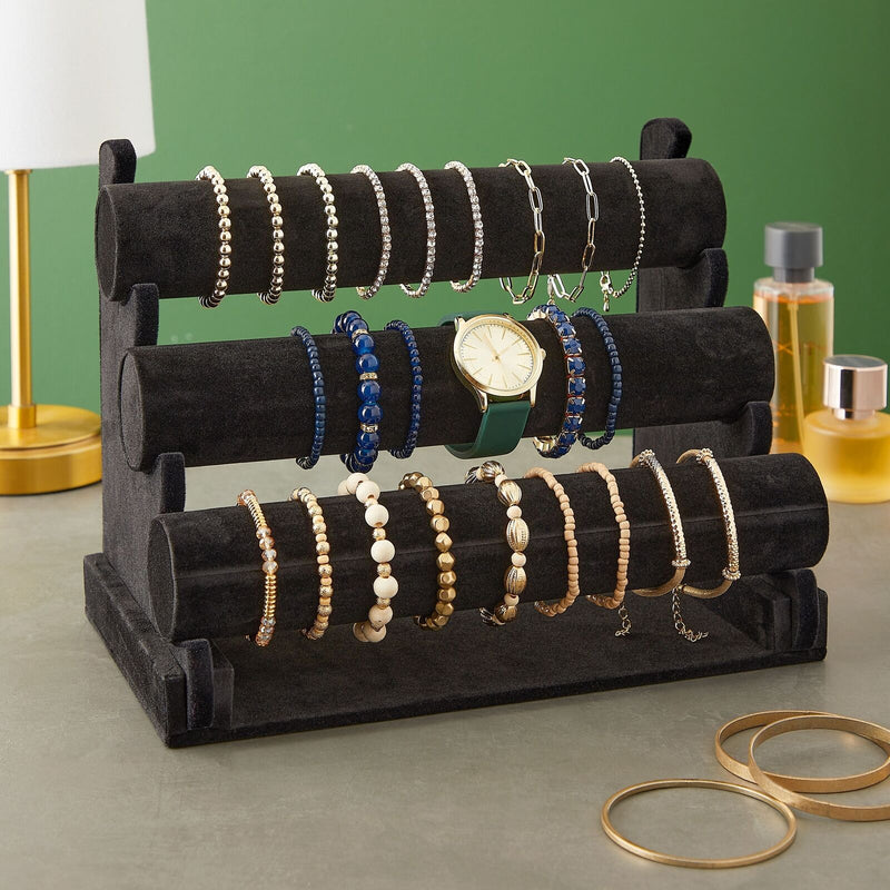 3-Tier Velvet Bracelet Holder Stand and Organizer - Jewelry Display Rack (Black)