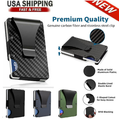 Men's Card Holder RFID Blocking Slim Money Clip Wallet Thin Carbon Fiber with Metal Clip