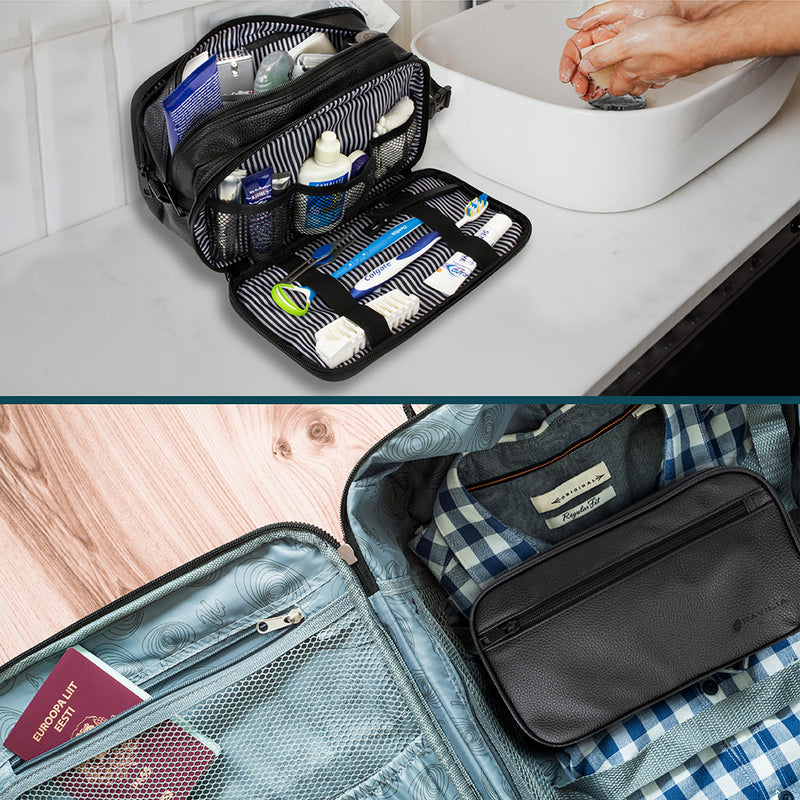 Mens Toiletry Bag with Zipper PU Leather Case Organizer Portable Travel Dopp Kit