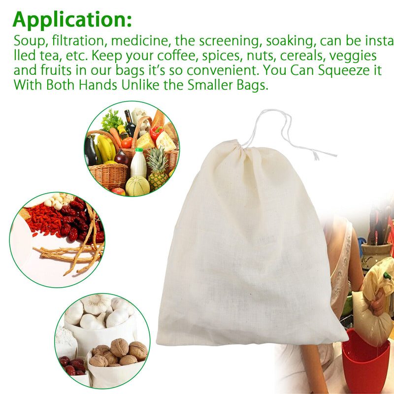 3PCS Organic Cotton Nut Milk Bag Reusable Food Strainer Brew Coffee Cheese Cloth