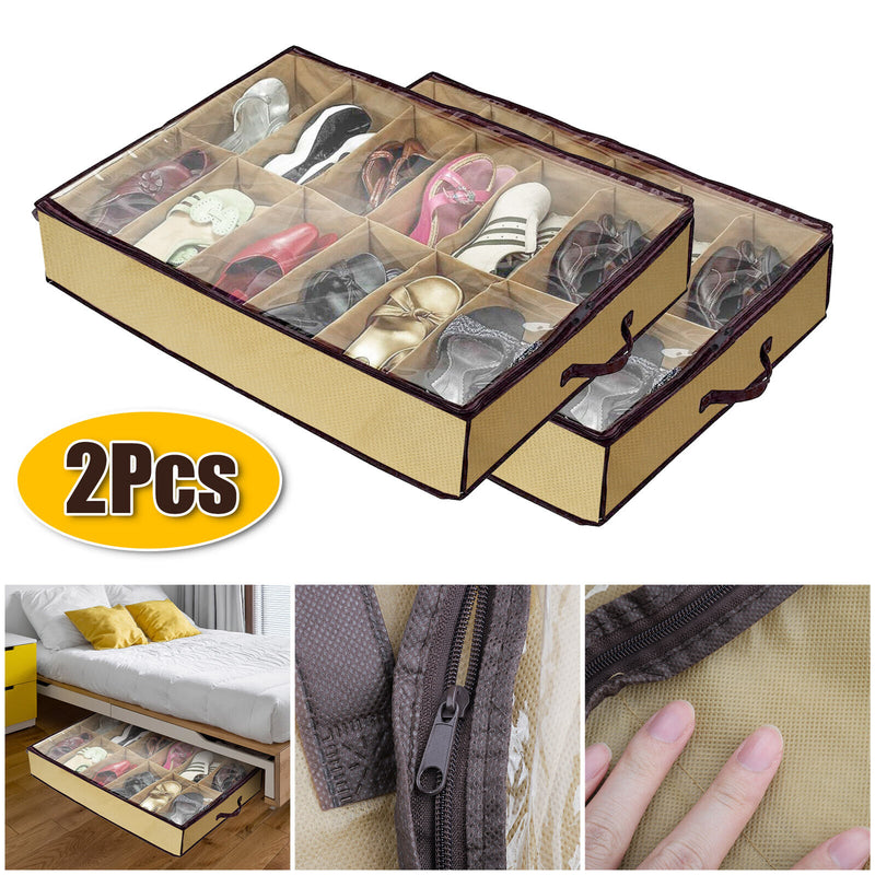 Under Bed Shoe Storage Organizer Holder Closet Box Bag with Zipper 2Pcs 12 Pairs 